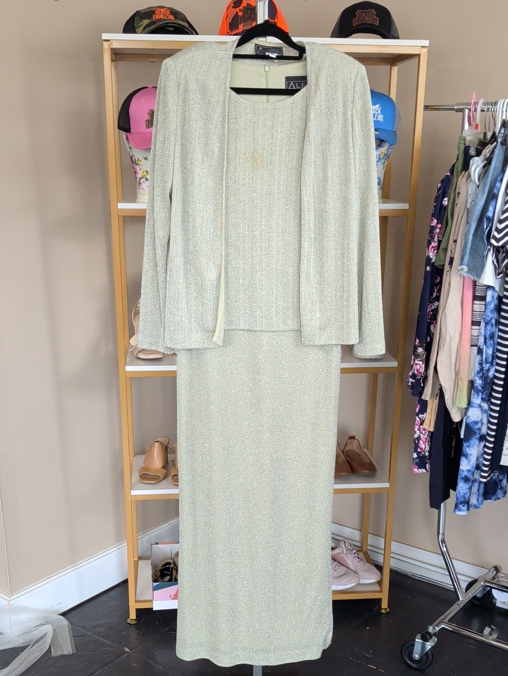 Alex Evenings Cream Metallic Maxi Skirt Set